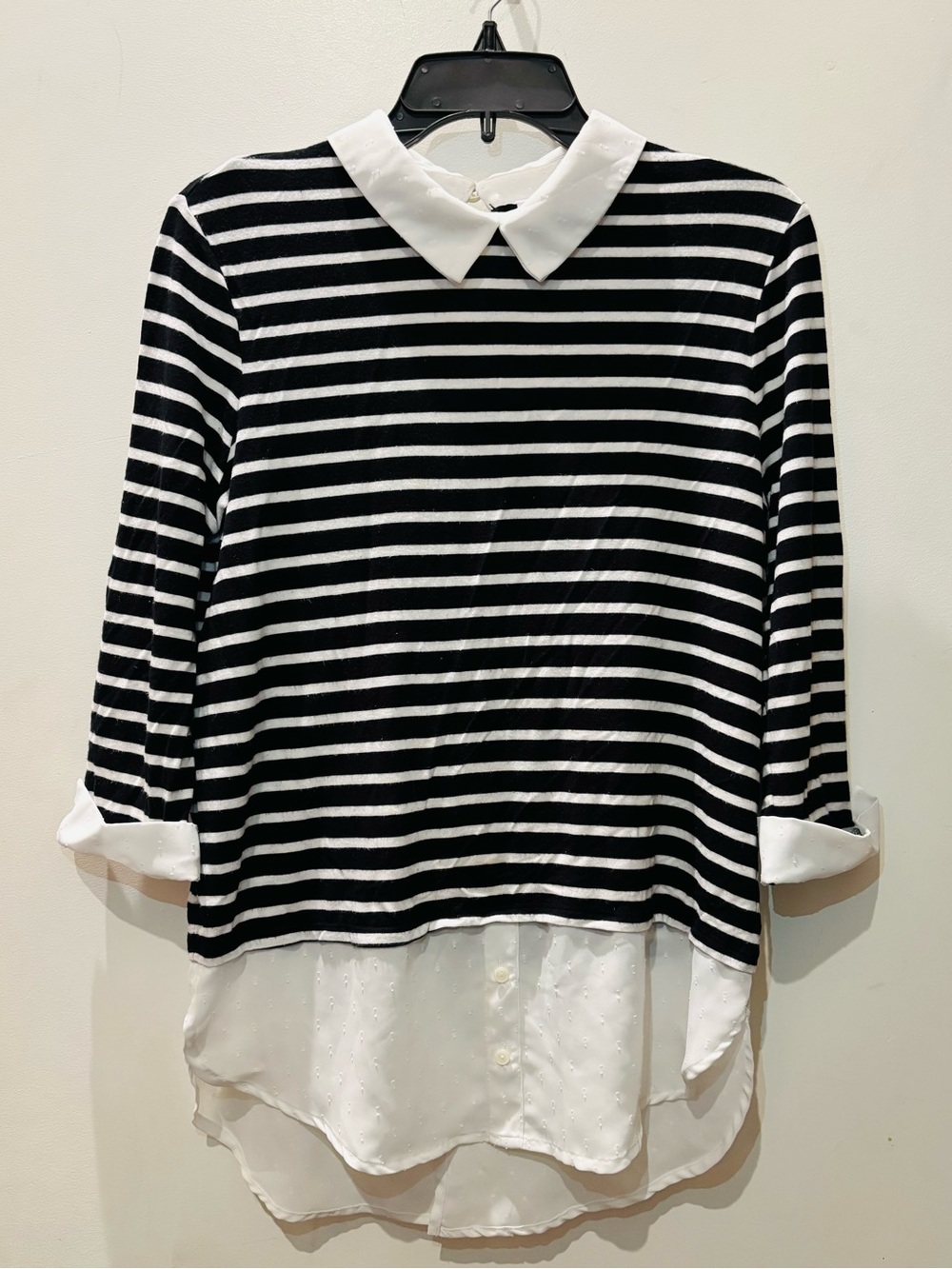 ELLE Women’s Black & White Striped Collared Button Tunic Blouse Short Sleeve.